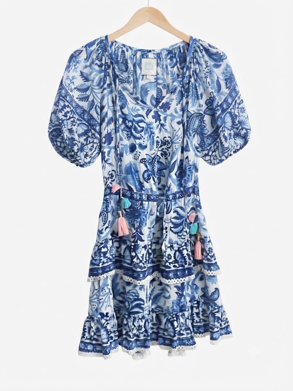 Bell Blue White Floral Silk Cotton Tassel Mini Dress XS Bohemian